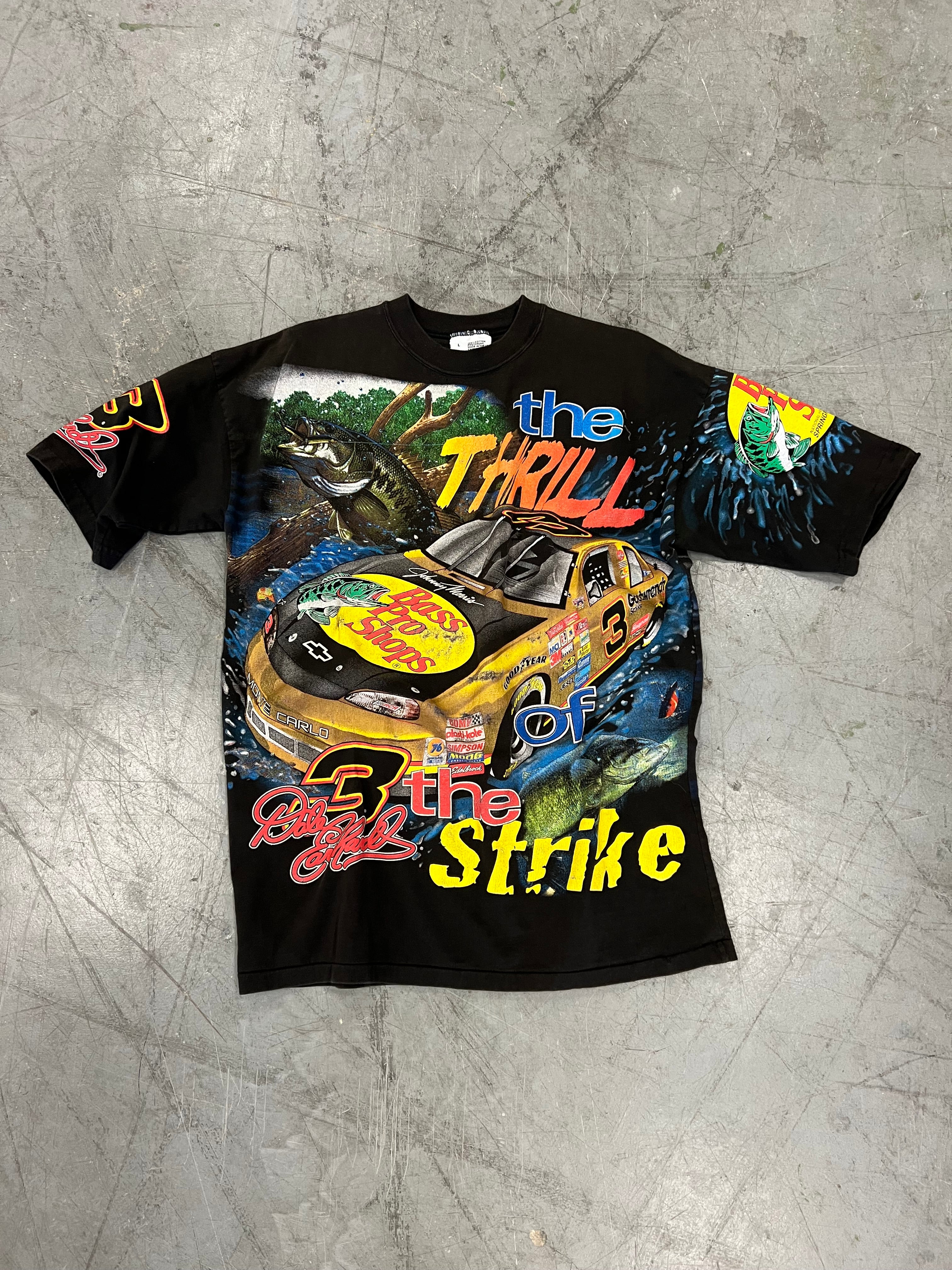 1998 Bass Pro Shops X NASCAR Dale Earnhardt Thrill Of The Strike AOP Tee