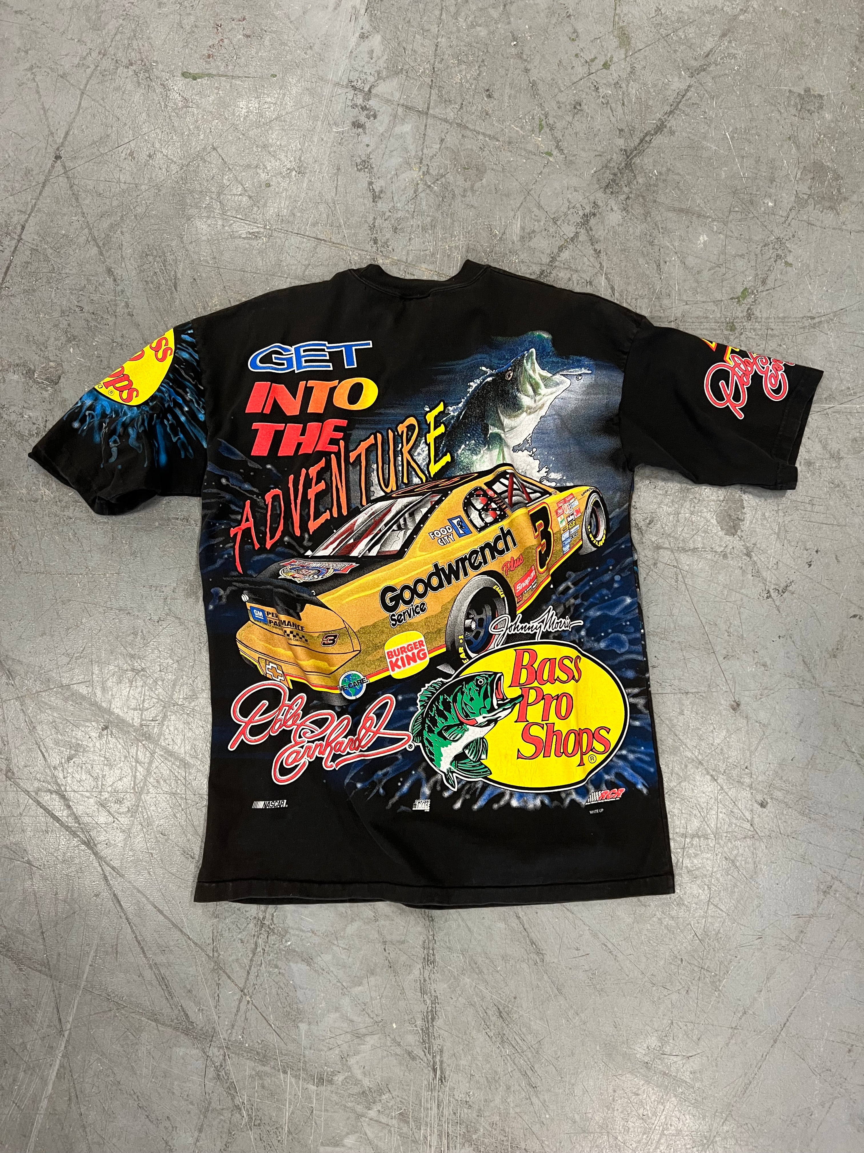 1998 Bass Pro Shops X NASCAR Dale Earnhardt Thrill Of The Strike AOP Tee