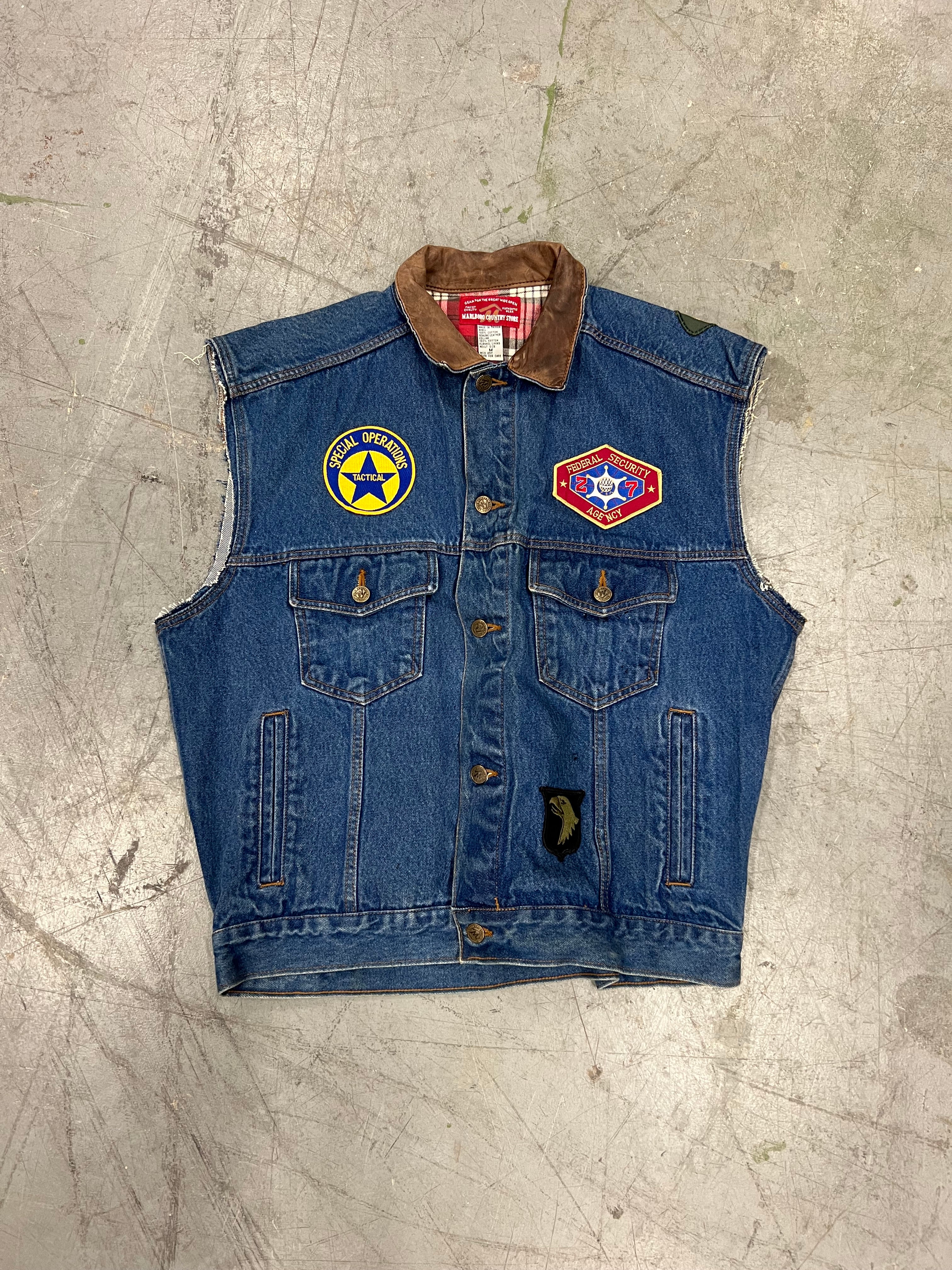 Vintage Marlboro Country Store Leather Collared Denim Vest