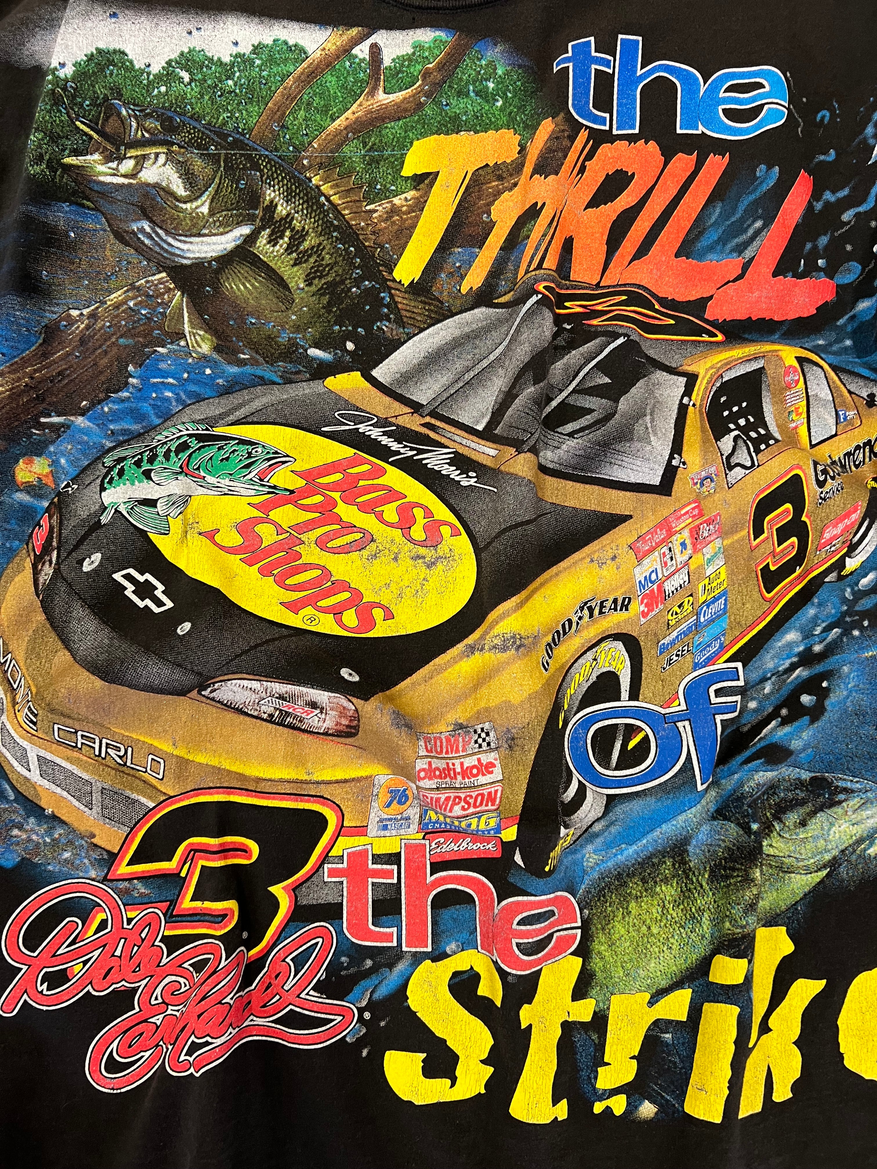 1998 Bass Pro Shops X NASCAR Dale Earnhardt Thrill Of The Strike AOP Tee